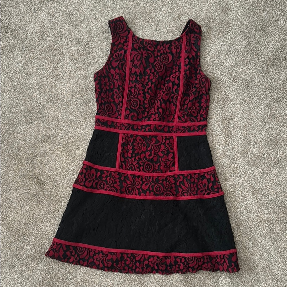 Boohoo Black and Red Floral Lace Mini Dress
